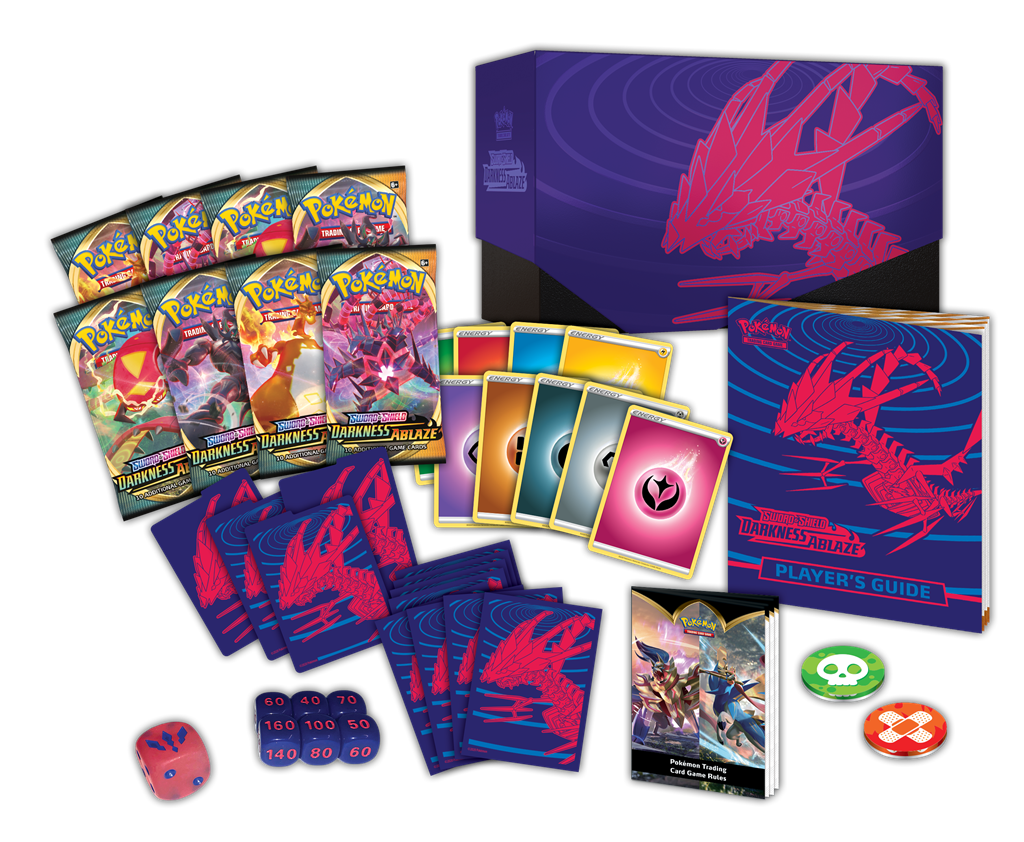 Pokémon Darkness Ablaze Elite Trainer Box with Pokémon TCG booster packs, card sleeves, dice, and accessories.