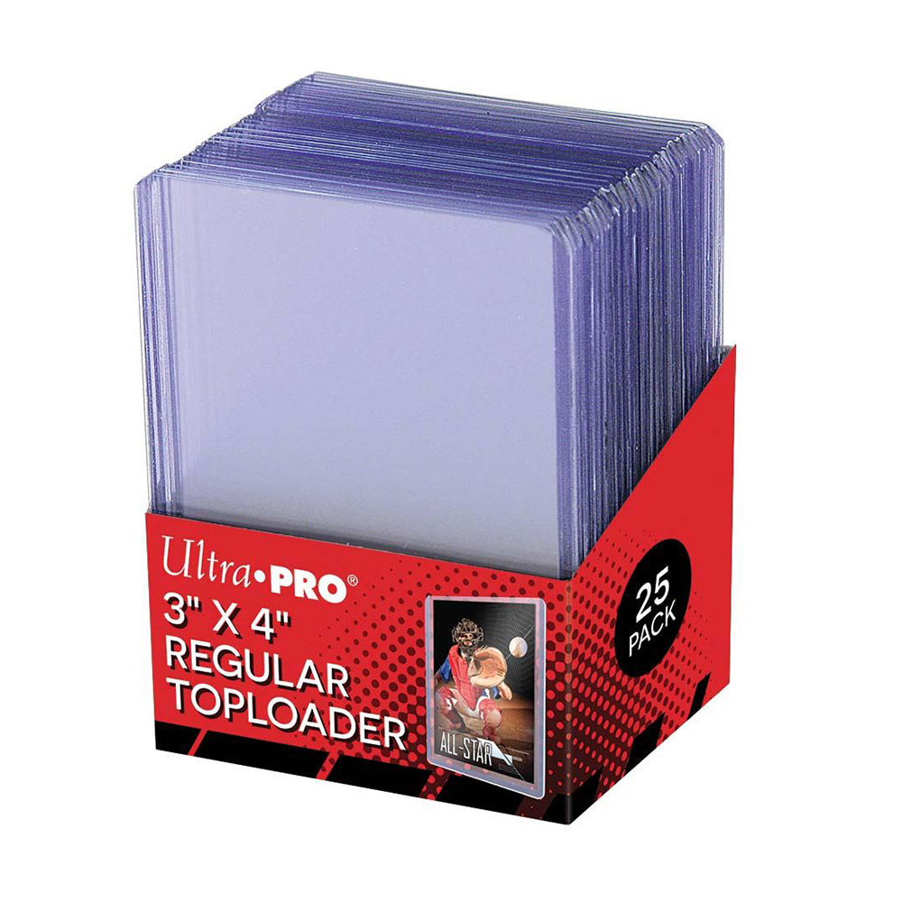 Ultra Pro 3x4 inch regular toploaders for cards, set of 25, durable clear plastic card sleeves for protection.