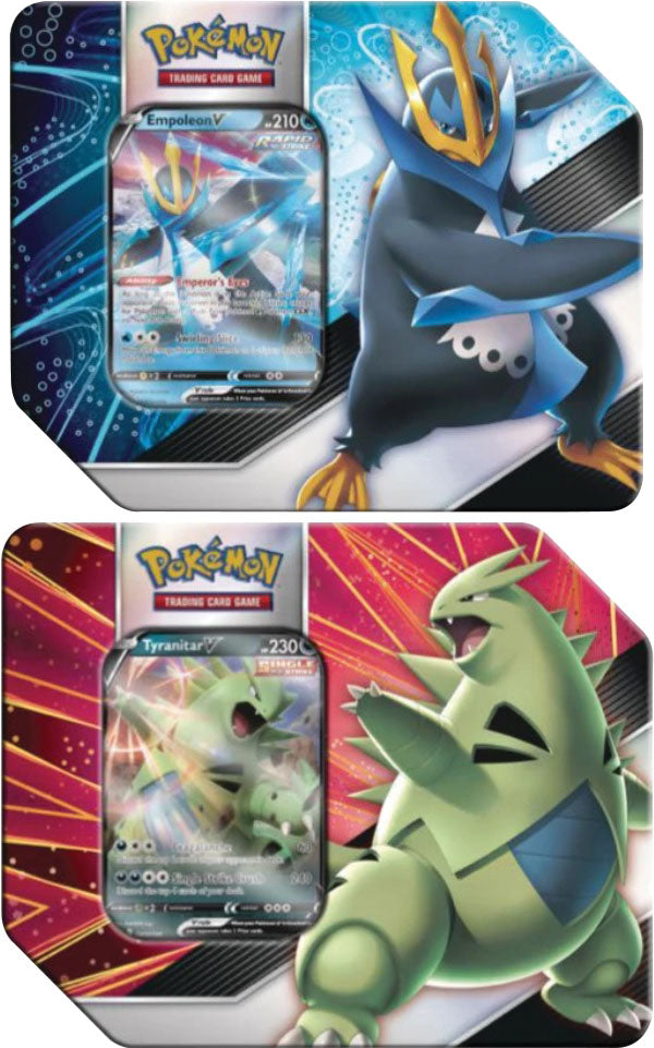 Pokémon V Striker Tin featuring Pokémon TCG cards and accessories, with colorful Pokémon artwork and branded packaging.