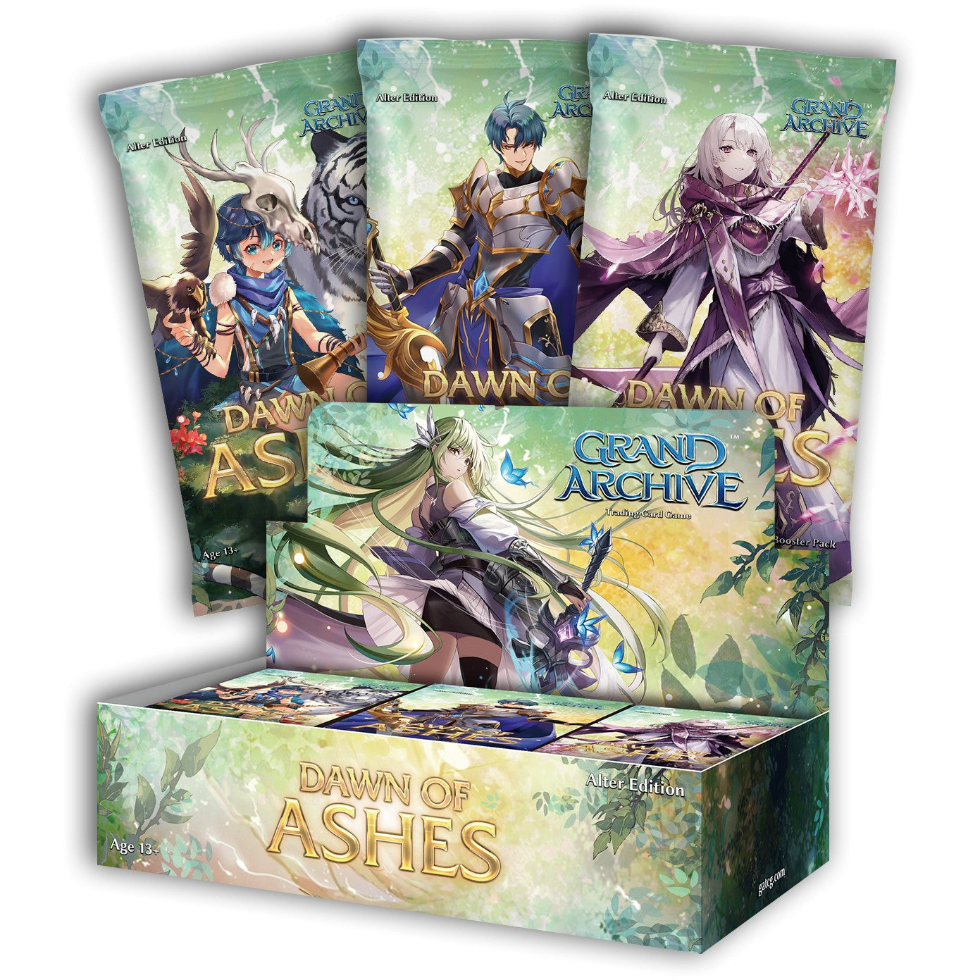 Weebs of the Shore Dawn of Ashes Booster Box from Grand Archive TCG Alter Edition, featuring colorful card artwork.