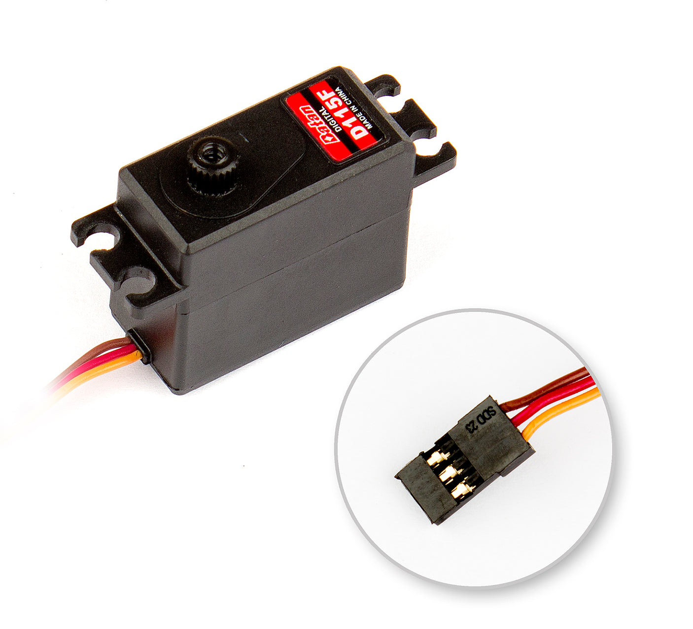 Team Associated D115F RC servo for Reflex 14T or 14B, showing the compact metal gear and connector for remote control car parts.