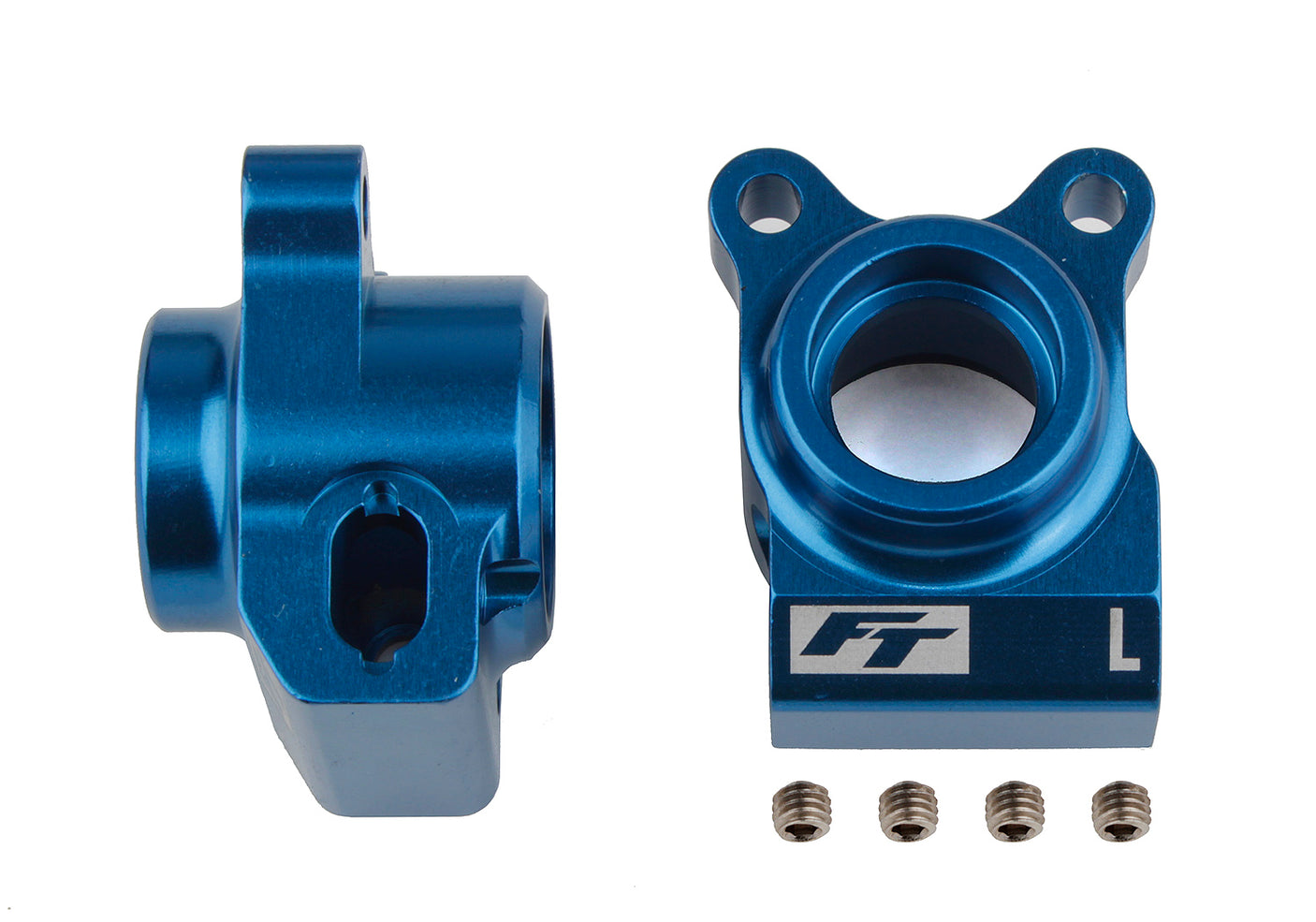 Blue aluminum rear hubs for RC10B6.2, 3, and 4 RC cars by Team Associated, shown with detailed metal finish.