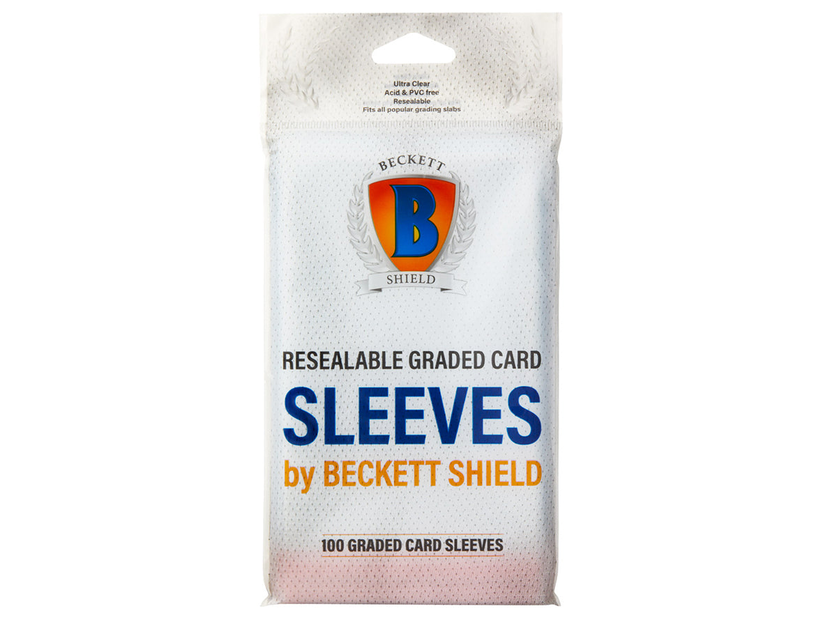 Beckett Shield graded card sleeves, 100-pack, clear protective sleeves for preserving collectible trading cards.