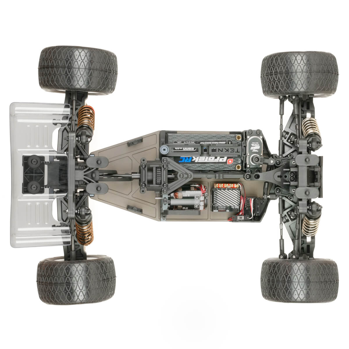 Tekno ET410.2 1/10th scale 4WD electric RC truggy kit on a track, showcasing its chassis and off-road tires.