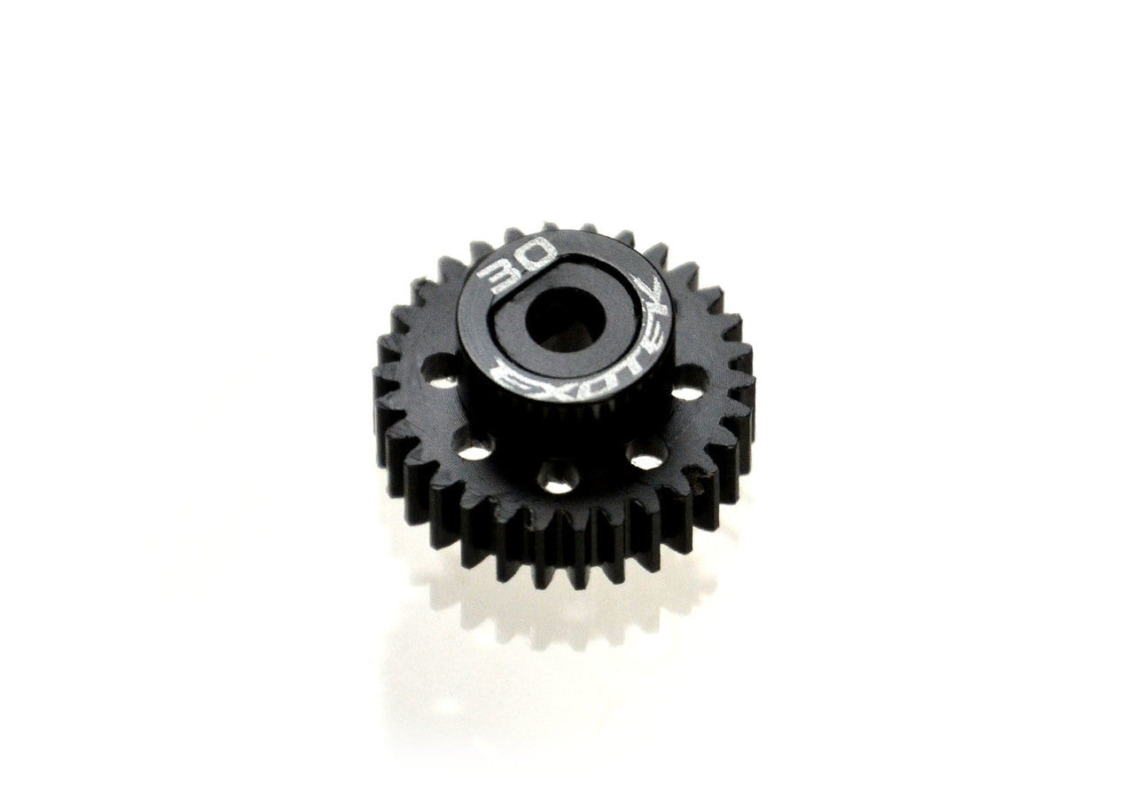 Black Exotek Racing Flite 48P pinion gear with alloy collar, made of POM, for RC cars.