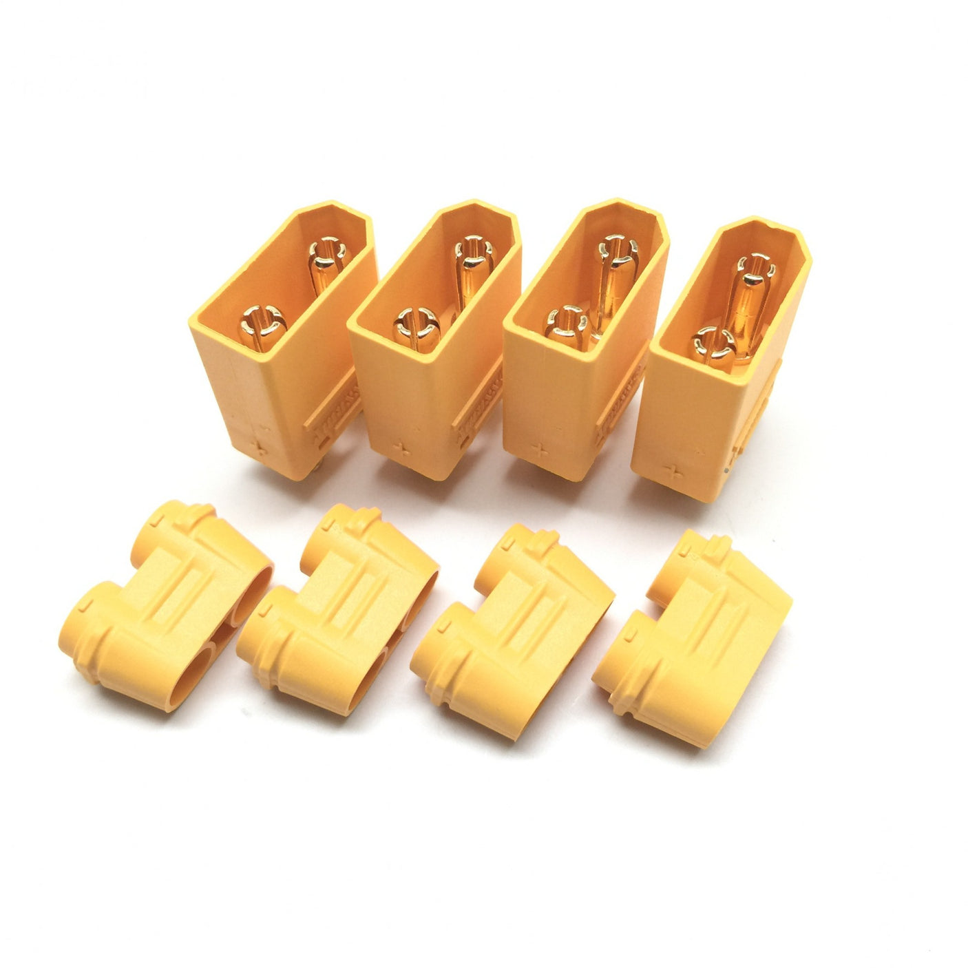 Maclan Racing XT90 male connectors for RC cars, set of four, showing precise gold-plated contacts and durable plastic housing.