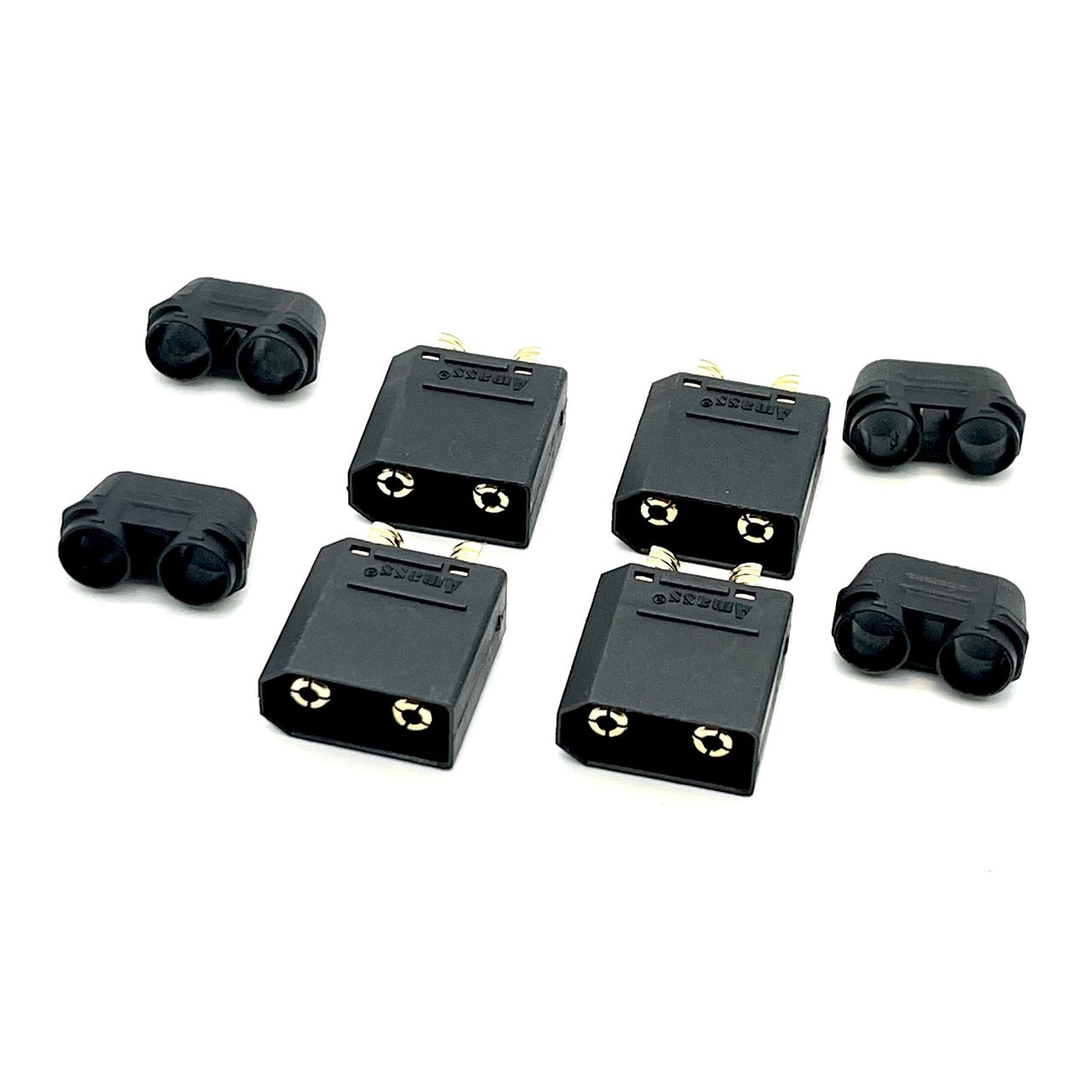 Black Maclan Racing XT90 male connectors for RC cars, set of four, shown in close-up image.