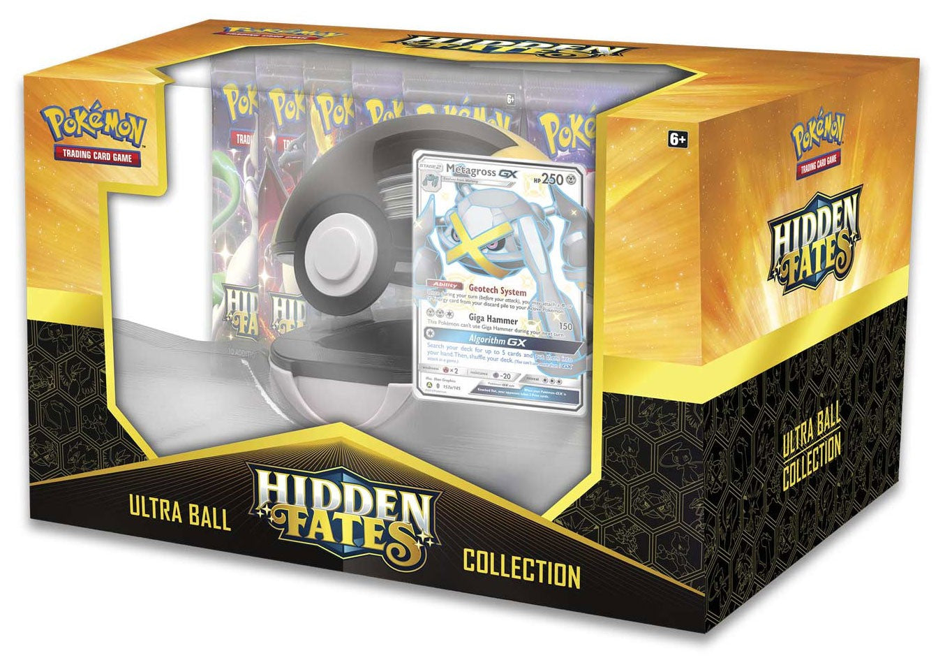 Pokémon Hidden Fates Ultra Ball Collection featuring Pokémon Trading Card Game packs and collectible items in an Ultra Ball case.