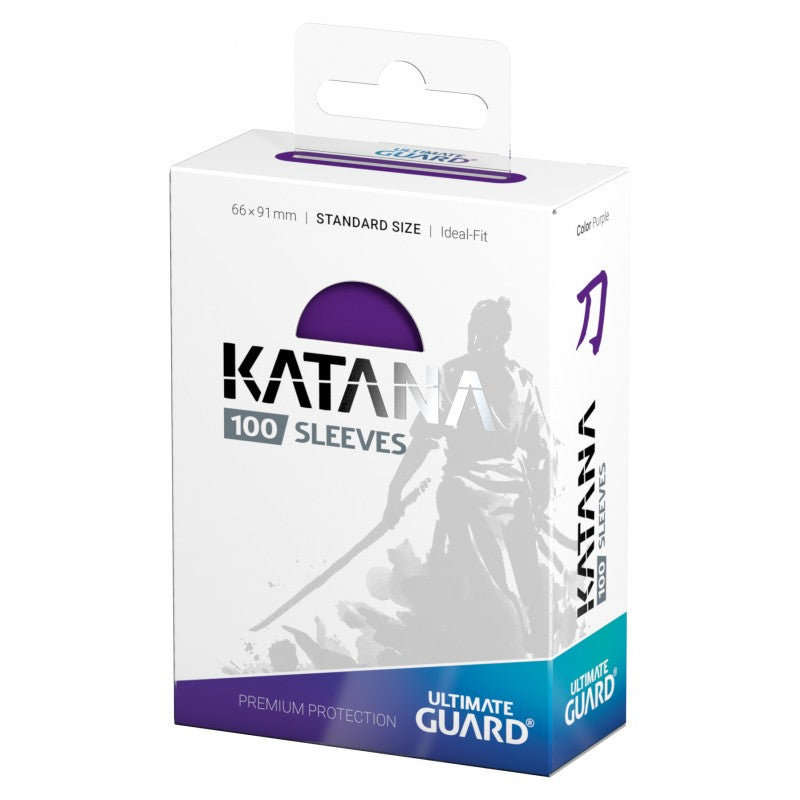 Purple Ultimate Guard Katana Standard Size Sleeves for cards, featuring a sleek, durable design for protecting trading or game cards.