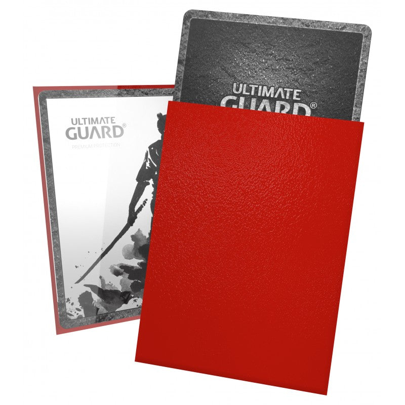 Red Ultimate Guard Katana Sleeves for standard-sized trading cards, featuring clear, durable protection and smooth shuffle feel.