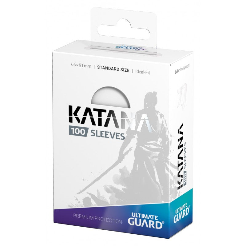 Transparent Ultimate Guard Katana Standard Size Sleeves for trading cards, showing clear protective card sleeves in the image.