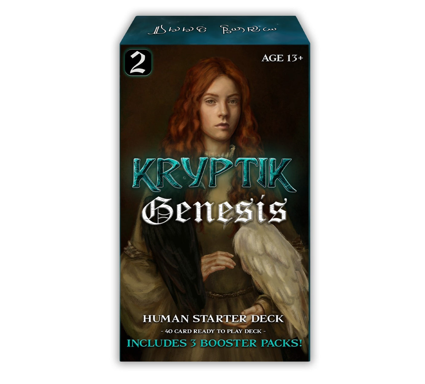 Kryptic TCG Genesis Starter Deck display featuring a human character card from Wave 2 of the Kryptik TCG Kryptik TCG game