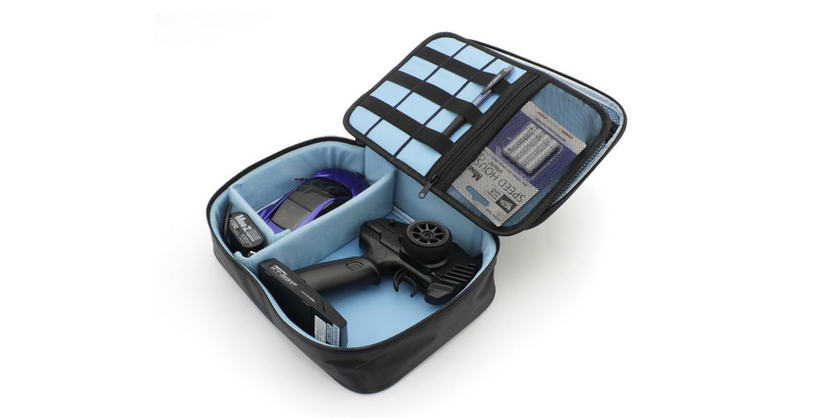 Kyosho Mini-Z RC car parts bag with tools and accessories, featuring a compact design for Mini-Z model maintenance and upgrades.