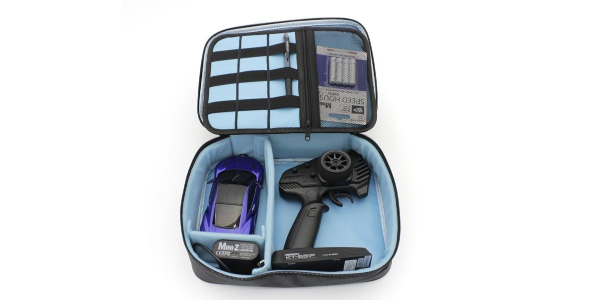 Kyosho Mini-Z Bag MZW121 for RC car parts, featuring a compact bag with compartments and tools for Mini-Z RC car maintenance.