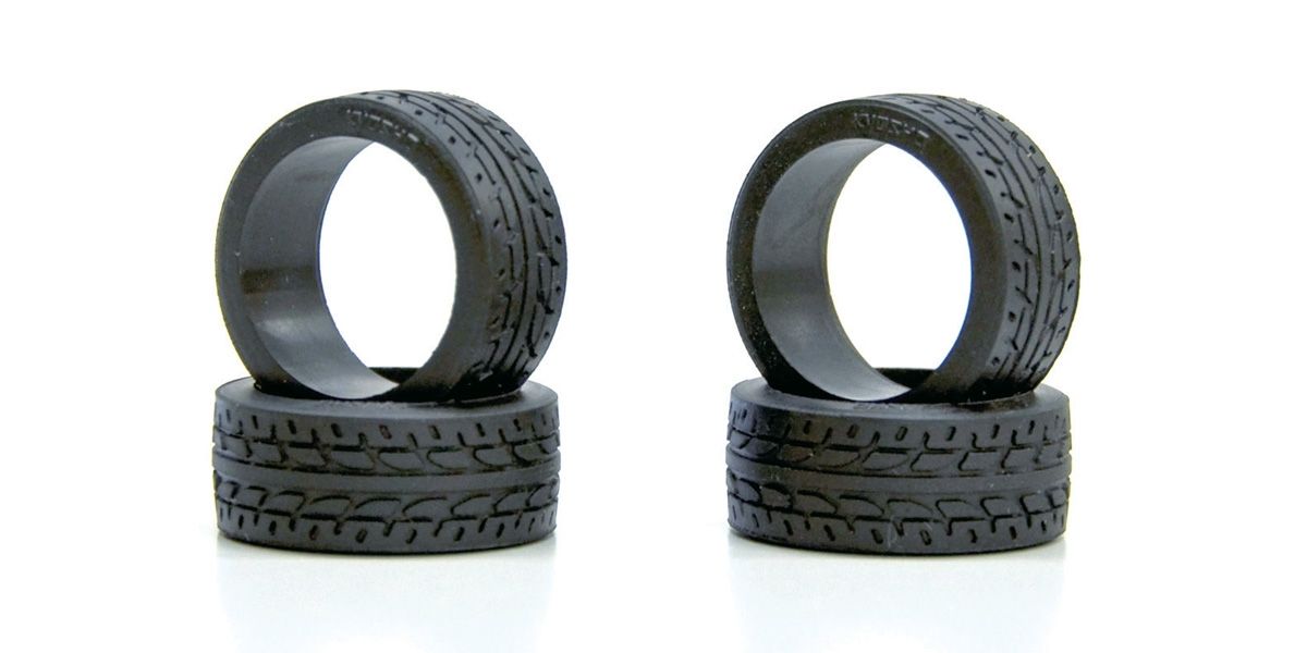 Kyosho Mini-Z Racing Radial Tires 30° set of 4 for RC cars, showing close-up of rubber tires with detailed treads.