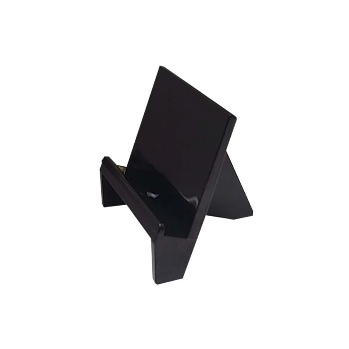 Clear BCW card holder stand for displaying trading cards, with a sturdy base and adjustable holder for easy viewing.