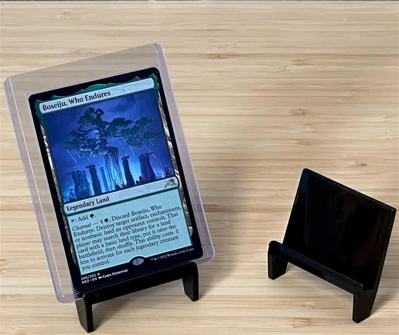 BCW card holder stand displaying collectible trading cards, designed for easy viewing and protection of trading card collections.