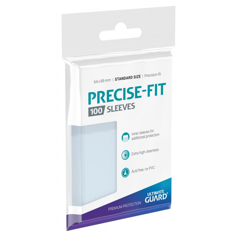 A pack of 100 Ultimate Guard Precise-Fit Standard Sleeves for protecting trading cards, shown with clear plastic sleeves.