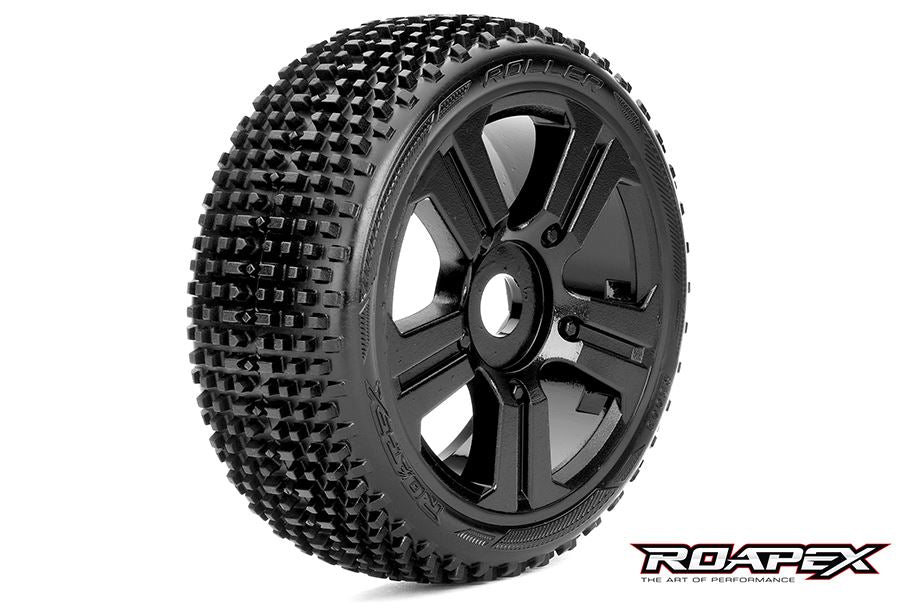 Pair of Roapex 1/8 buggy RC car roller tires with black wheels and 17mm hex, shown mounted on a vehicle.