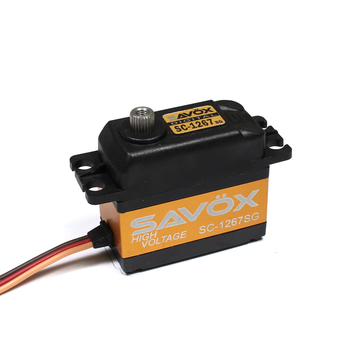 Savox SC-1267SG high torque digital RC car servo with metal gears and waterproof design, showcasing its compact size and build.