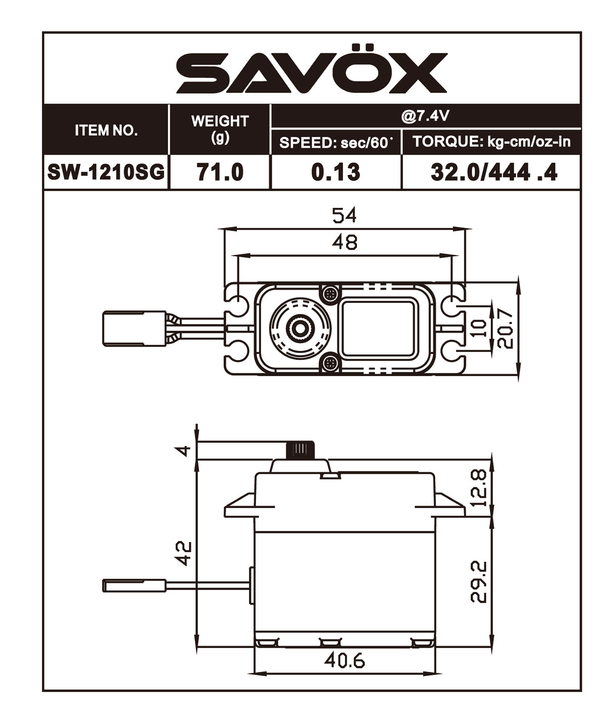 Savox SW-1210SG-BE Black Edition waterproof high voltage digital RC car servo with metal gears and black finish.