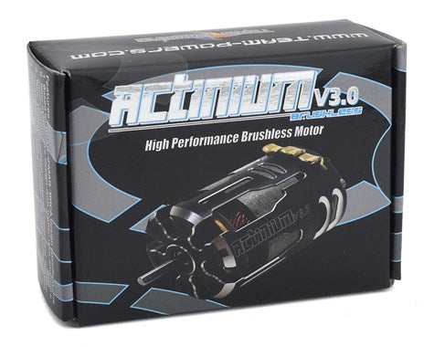 Team Powers Actinium V3 Brushless Motor 5.5T for RC cars, shown with wiring and mounting components.
