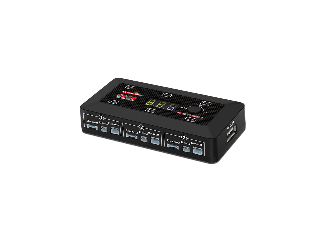 Ultra Power UPTUPS6 25W 1Sx6 compact RC car DC charger with multiple charging ports and LED indicators.