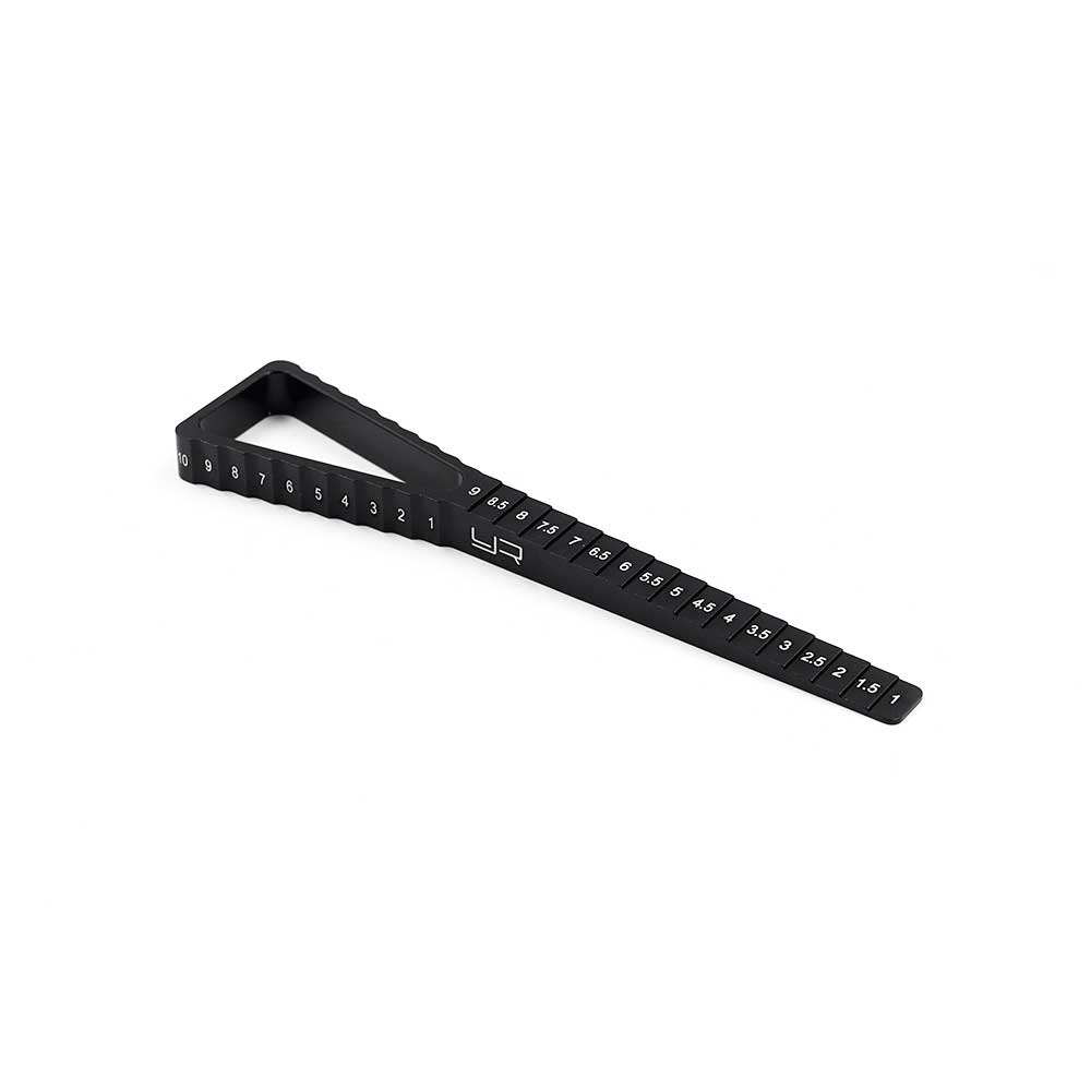 Yeah Racing 2-in-1 ride height and droop gauge for 1/10 touring cars, black, with measurement markings visible.