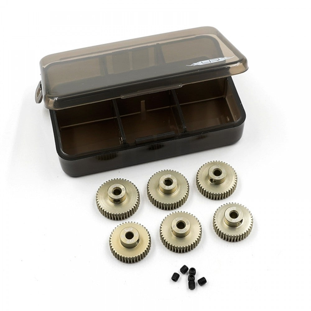 Yeah Racing 64P aluminum 7075 hard coated pinion gear set with 6 pieces, sizes 41T to 46T for RC cars.