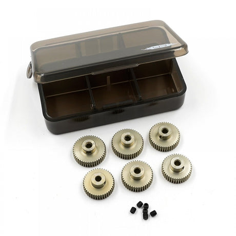 Yeah Racing 64P aluminum 7075 hard coated pinion gear set with 6 pieces, sizes 41T to 46T for RC cars.