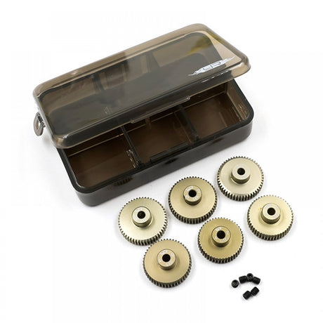 Yeah Racing 64P aluminum 7075 hard coated pinion gear set with six 47T-52T gears for RC cars, durable and precision-machined.