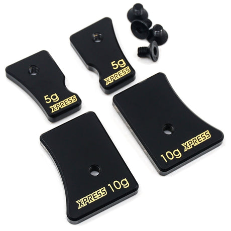Xpress Brass Chassis Balancing Weights for Execute TC model, shown with close-up of weights on a racing drone chassis.