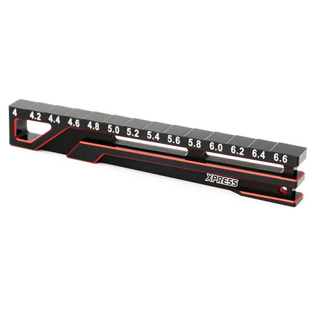 Xpress 4-6.6mm ultra fine chassis droop gauge for 1/10 touring cars, measuring chassis droop with precise markings.