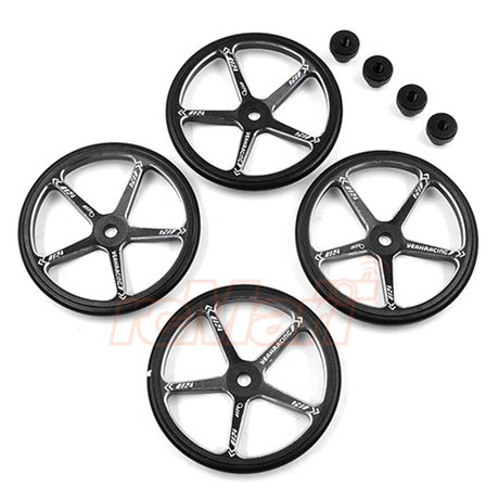 Black aluminum set up wheels for 1:10 M-Chassis RC cars by Yeah Racing, shown with detailed design and smooth finish.