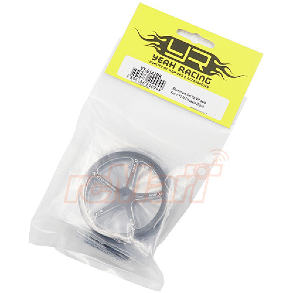 Black aluminum set up wheels for 1:10 M-Chassis from Yeah Racing, shown with detailed close-up of the lightweight, durable wheels.