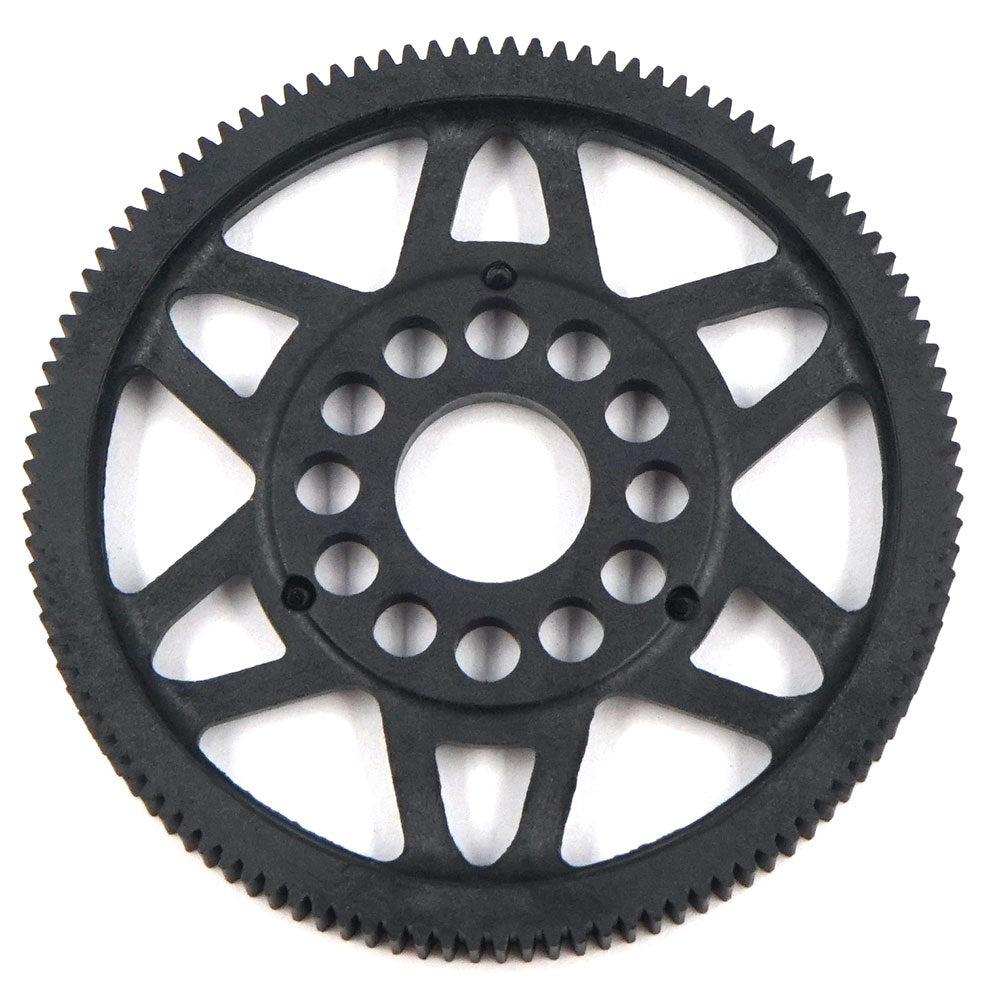 Xpress 64P composite spur gear, black and silver with gear teeth, designed for RC car or machinery applications.