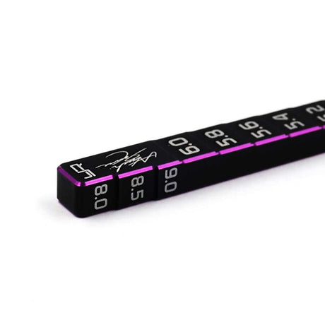 Yeah Racing Momentum 7075 aluminum chassis ride height gauge with measurement markings for RC car setup.