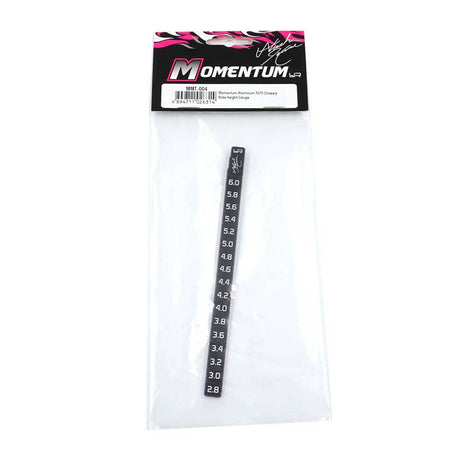 Yeah Racing Momentum 7075 aluminum chassis ride height gauge with measurement markings for RC car setup.