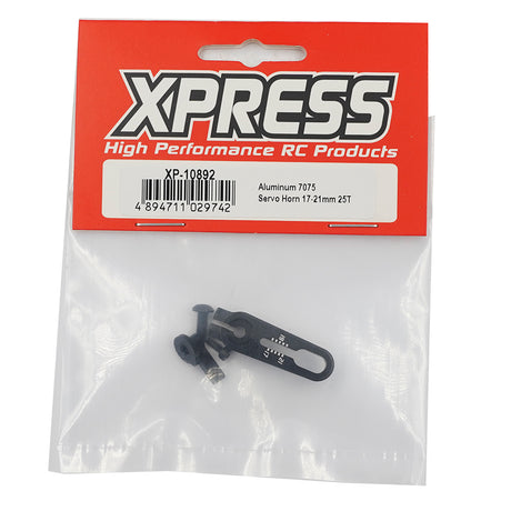 Xpress 7075 Aluminum Adjustable Servo Horn with 25T spline for RC cars, shown in silver with mounting holes and adjustable arm.