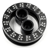 Yeah Racing aluminum round droop gauge for 1/10 touring car, showing detailed black aluminum construction and measurement markings.