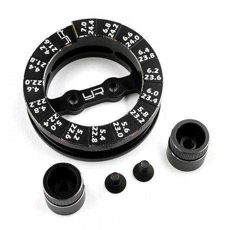 Yeah Racing aluminum round droop gauge for 1/10 touring car, showing precise measurement markings and durable construction.
