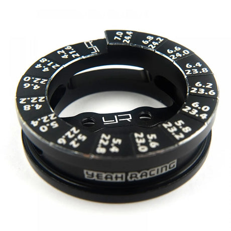 Yeah Racing aluminum round droop gauge for 1/10 scale touring car, featuring precise measurement markings and durable construction.