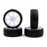 Set of four Xpress USGT Spec Radial Pre-Glued Spoked Wheels for RC cars, with detailed metal spokes and black rims.