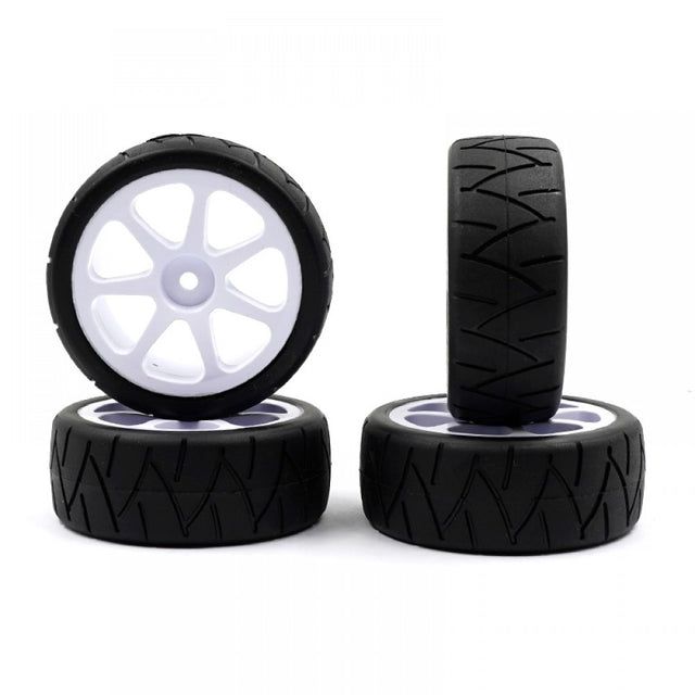 Set of four Xpress USGT Spec Radial Pre-Glued Spoked Wheels for RC cars, with detailed metal spokes and black rims.