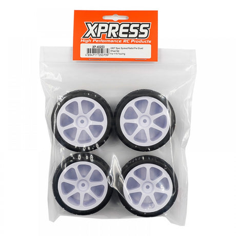Set of four Xpress USGT Spec Radial Pre-Glued Spoked Wheels for RC cars, with detailed spokes and black finish.