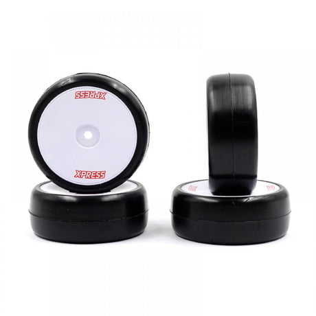 Xpress Competition 32S pre-glued RC car wheels with black rubber tires and durable plastic rims for high-performance racing.