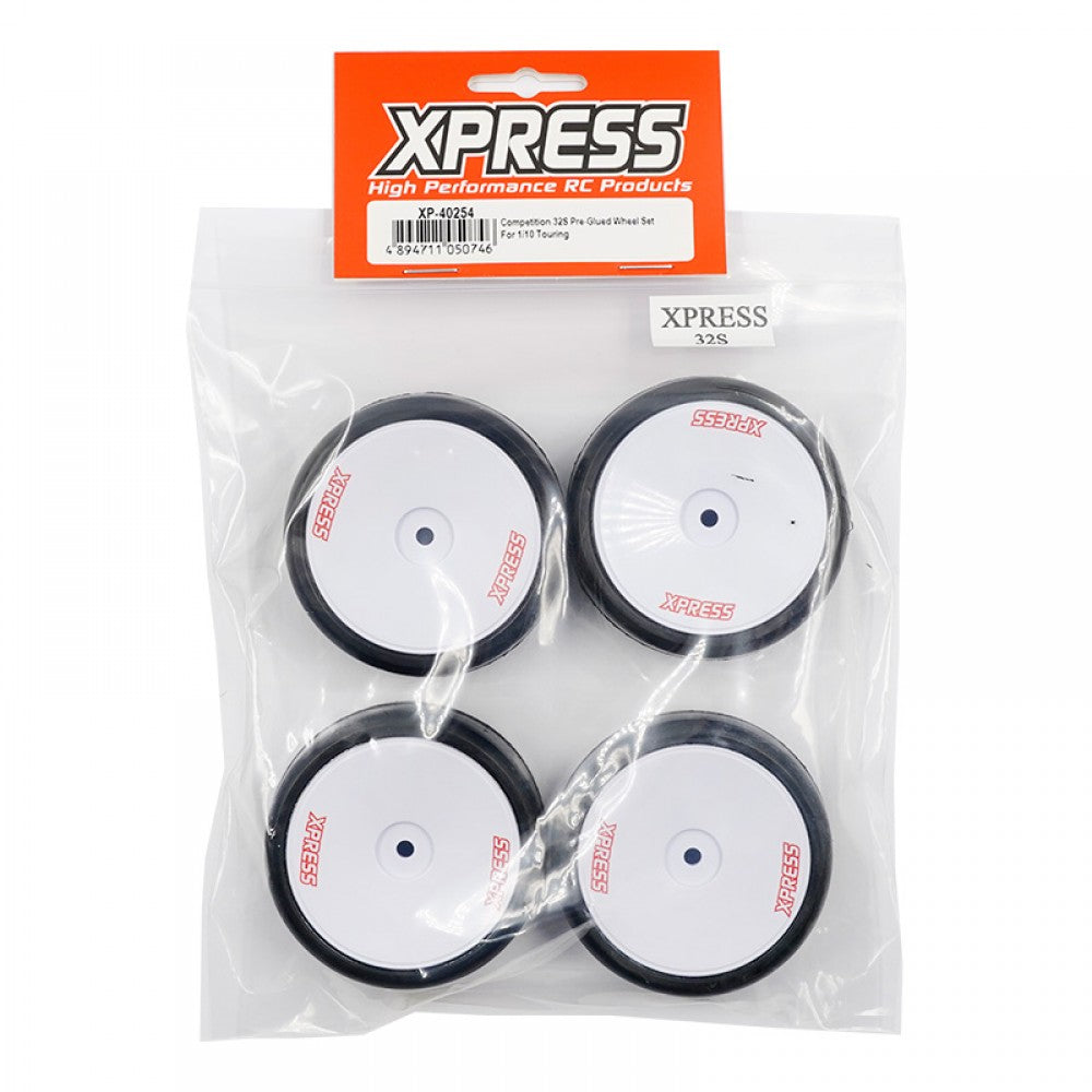 Xpress Competition 32S pre-glued wheels for RC cars, shown in black with detailed tread pattern in a close-up view.