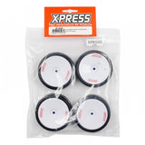 Xpress Competition 32S pre-glued wheels for RC cars, shown in black with detailed tread pattern in a close-up view.