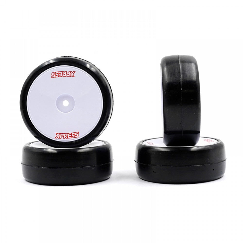 Xpress Competition 36S Pre-Glued RC car wheels with black tires and silver rims on a white background.