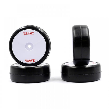 Xpress Competition 36S Pre-Glued RC car wheels with black tires and silver rims on a white background.